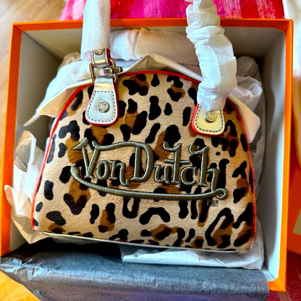 NEW Leopard & Silver Leather Von Dutch Paris Bowling Bag